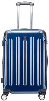 a blue suitcase sitting in front of a window 