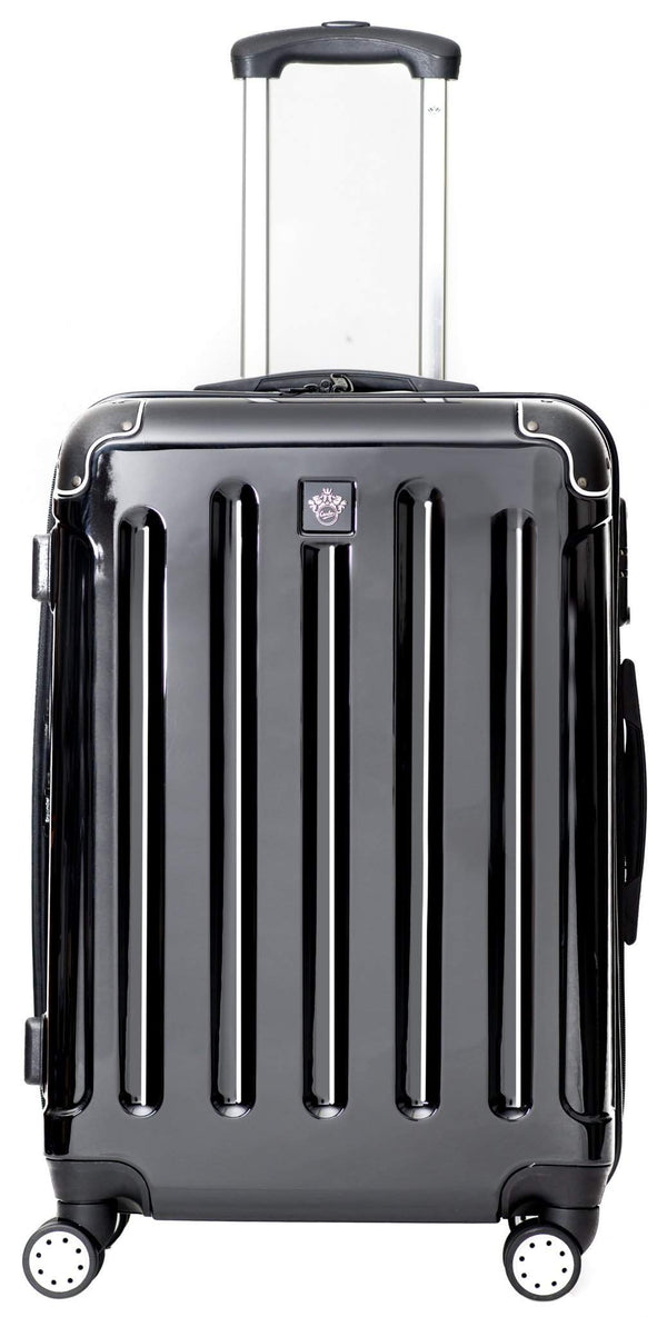 a black and white photo of a black suitcase 